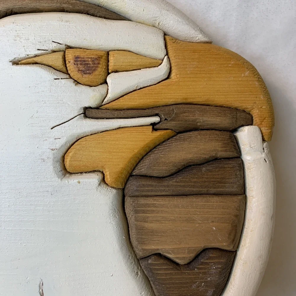 American Bald Eagle Wood Inlay Wall Decor MCM Art Piece Round‎  Handmade Stained